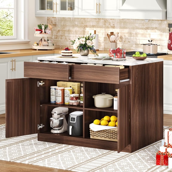 ChicZhiNest 47.2" Kitchen Island with Storage, Faux Marble Countertop Coffee Bar Station, 2 Drawers & Adjustable Shelves, Sideboard Cabinet with Beveled Edge Door, Dining Table for 2-4, Walnut