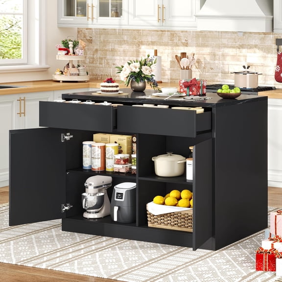 ChicZhiNest 47.2" Kitchen Island with Storage, Faux Marble Tabletop Coffee Bar Station, 2 Drawers & Adjustable Shelves, Sideboard Cabinet with Beveled Edge Door, Dining Table for 2, Black Countertop