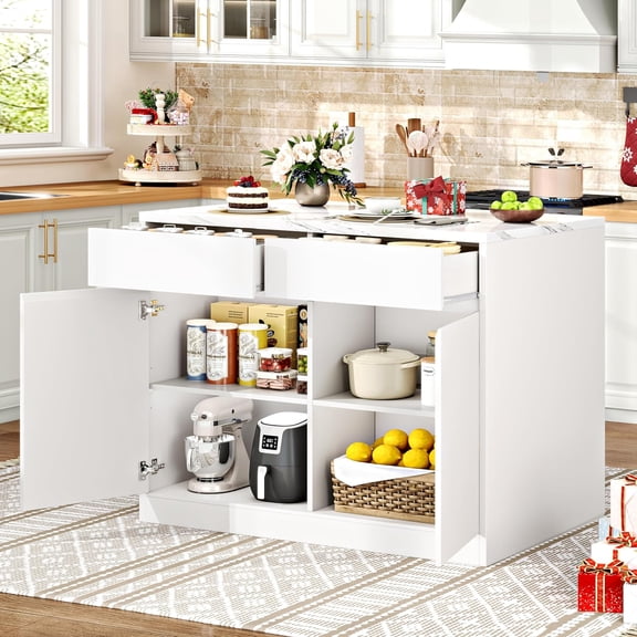ChicZhiNest 47.2" Kitchen Island with Storage, Faux Marble Countertop Coffee Bar Station, 2 Drawers & Adjustable Shel
