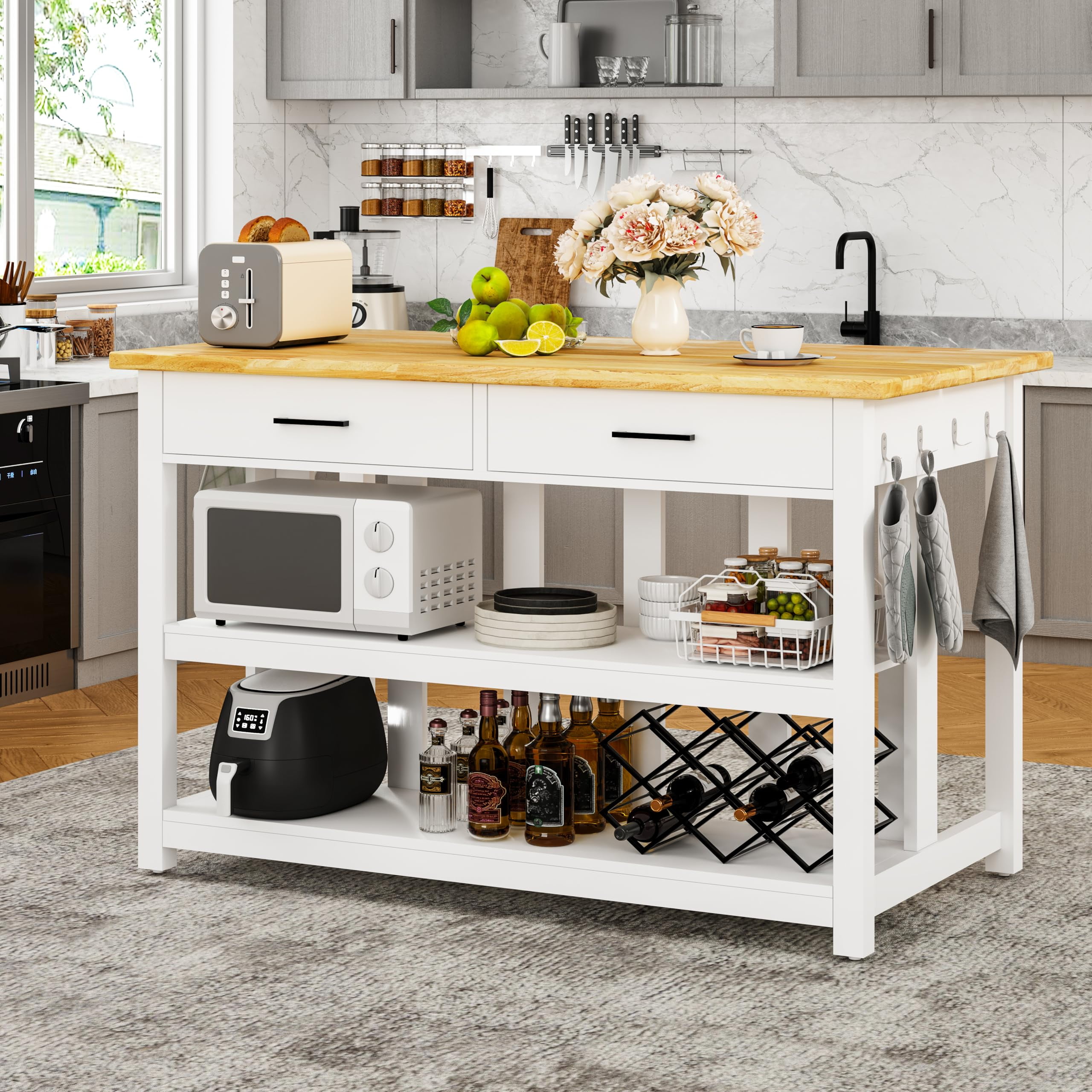 ChicZhiNest 47.3" Solid Rubberwood Kitchen Island with Power Outlets - Extra Large Work Surface, 2 Drawers & Open Shelves Storage Cabinet for Kitchen Dining Room, Farmhouse Style (White)