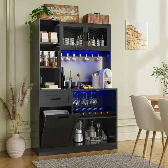 ChicZhiNest 67.3" Tall Coffee Wine Bar Cabinet with LED Lights and Power Outlet, Open Shelves, Modern Kitchen Pantry Cabinet with Trash Can Storage - 7 Hooks & Wine Glass Rack for Home (Black)
