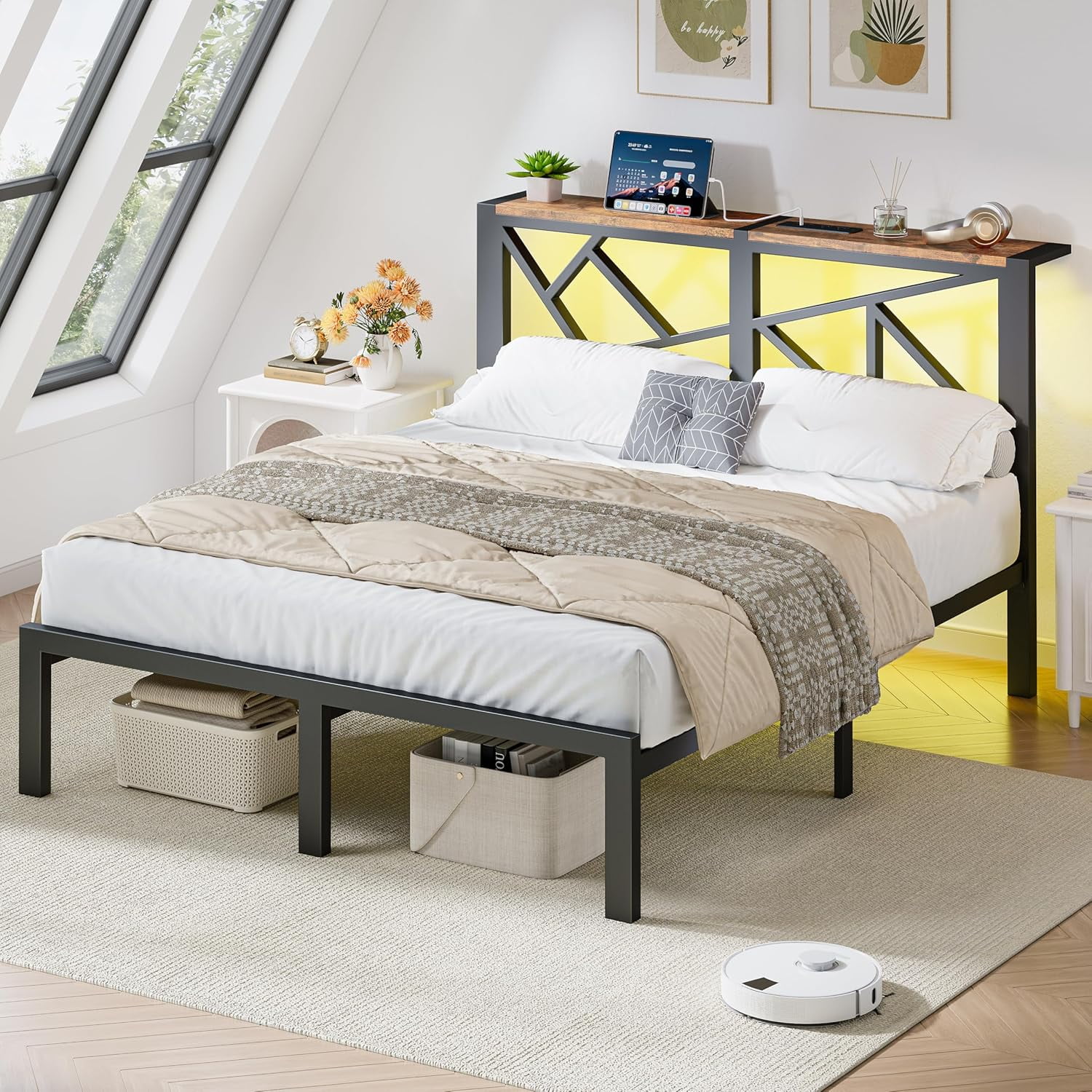 ChicZhiNest Full Size Bed Frame with Wooden Storage Headboard & LED Lighting, USB Charging Station, Stable Metal Bed Frame, Noise Free Design, Black