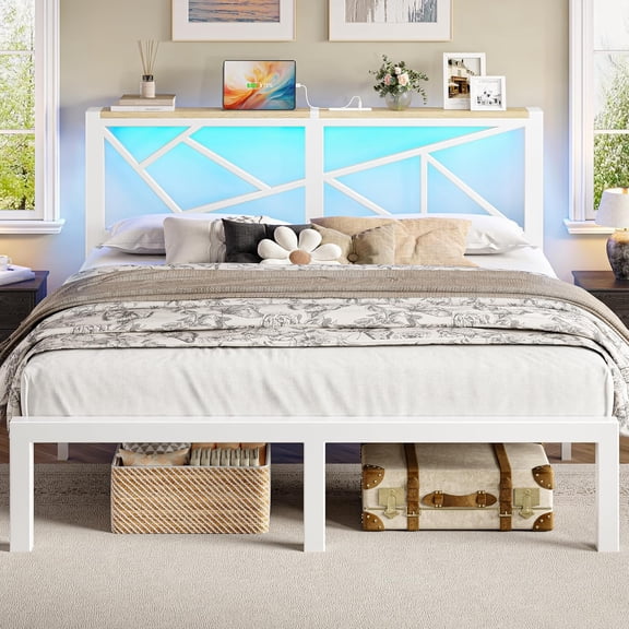 ChicZhiNest King Size Bed Frame with LED Light Storage Headboard, Metal Platform Bed Frame King with 2 USB Ports and Outlets, Noise Free Design, White