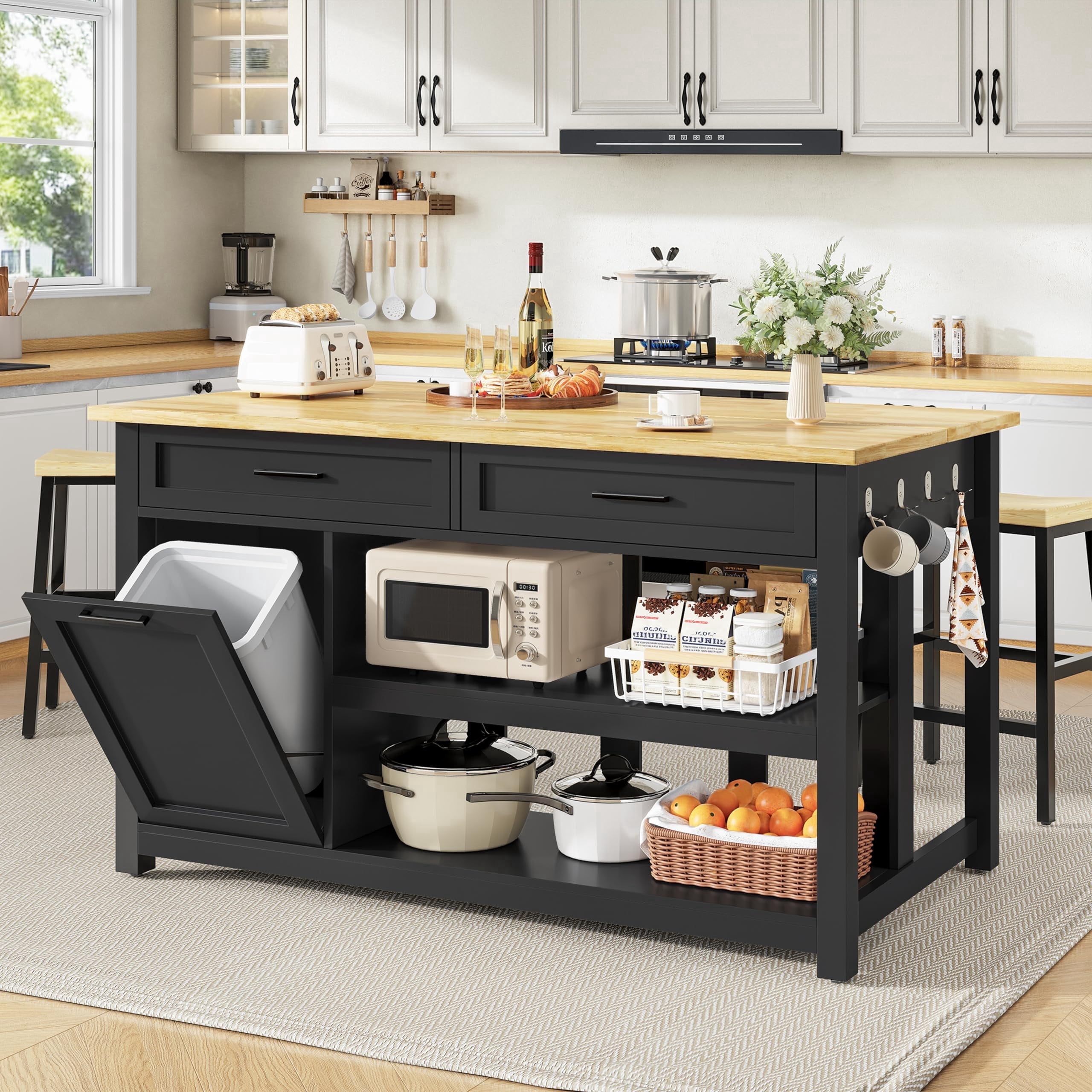 ChicZhiNest Kitchen Island with Seating Include 2 Stools, 47" Solid Rubberwood Dining Table with Power Outlet, 6 Hooks, Kitchen Bar Table Set with 2 Drawers & Open Shelves Storage Cabinet, Black