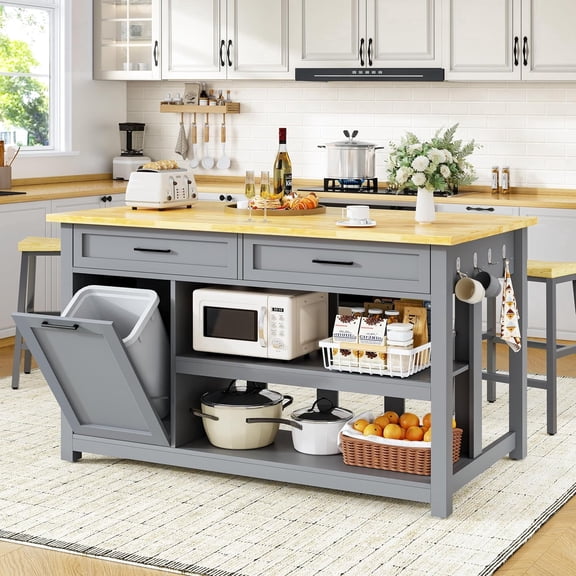 ChicZhiNest Kitchen Island with Seating Include 2 Stools, 47" Solid Rubberwood Dining Table with Power Outlet, 6 Hooks, Kitchen Bar Table Set with 2 Drawers & Open Shelves Storage Cabinet, Grey