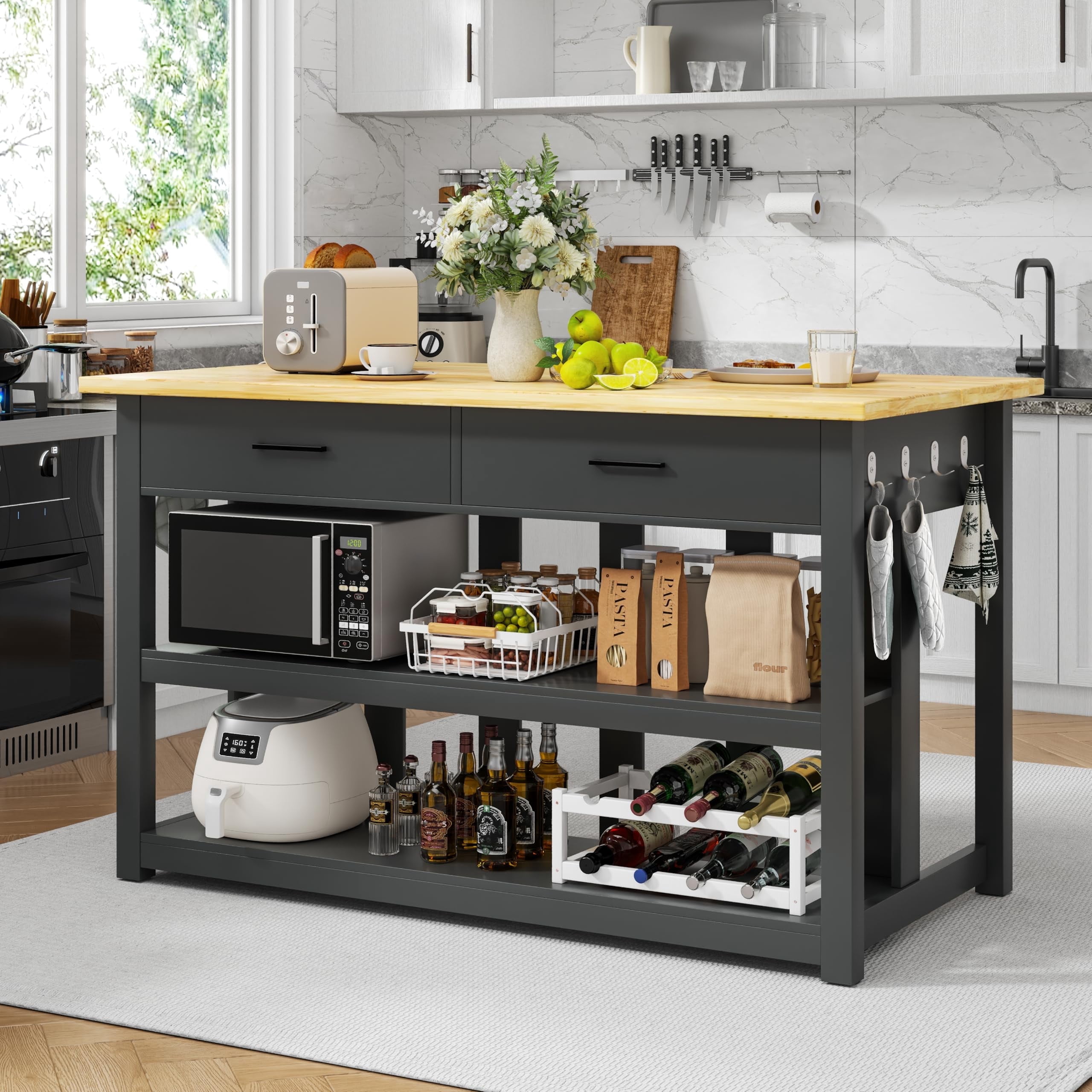 ChicZhiNest Kitchen Island with Power Outlet, 47.3" Rubber Solid Wood Countertop Kitchen Island with 2 Storage Drawers and 6 Hooks, Black