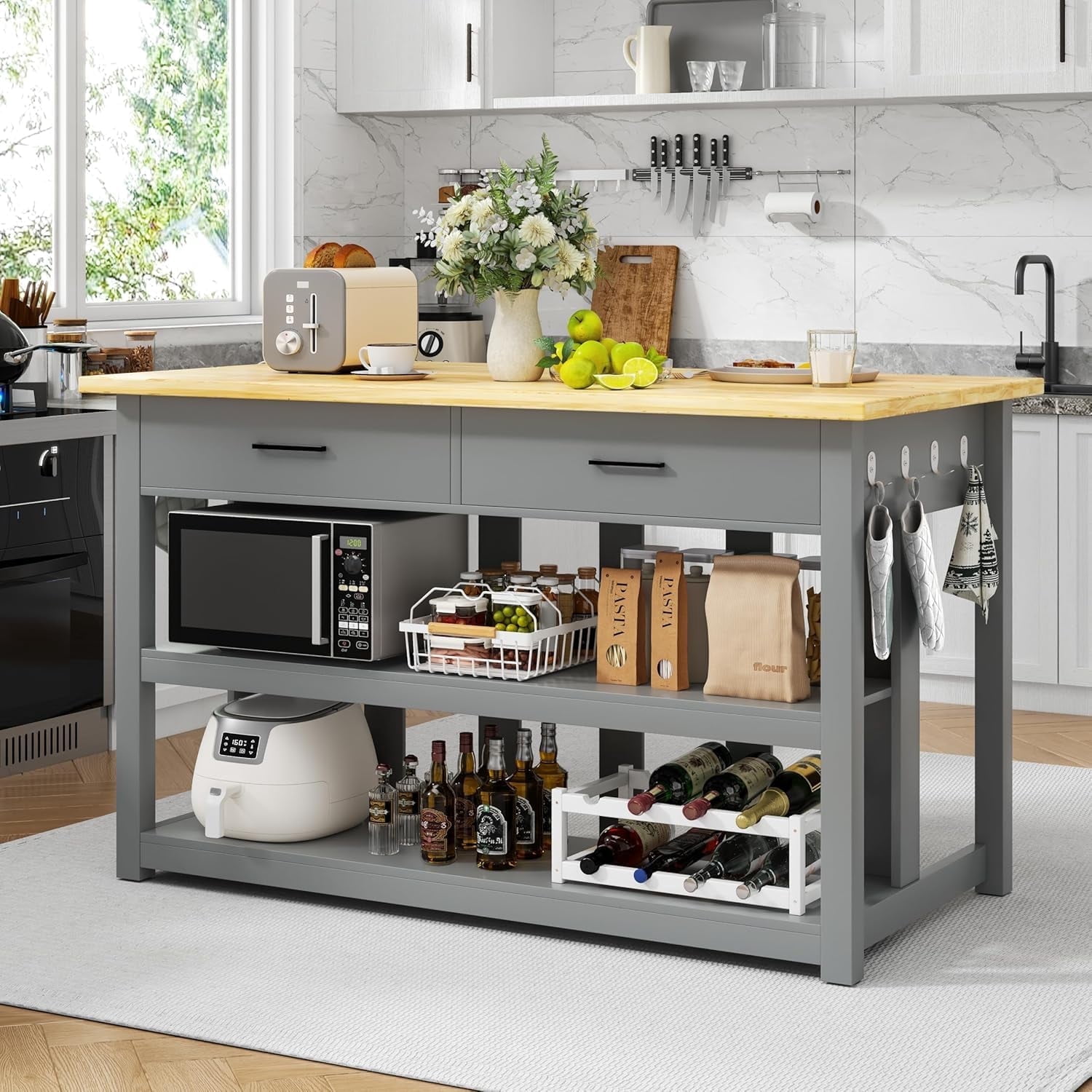 ChicZhiNest Kitchen Island with Power Outlet, 47.3" Rubber Solid Wood Countertop Kitchen Island with 2 Storage Drawers and 6 Hooks, Grey