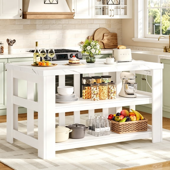 ChicZhiNest 55" Kitchen Island with Power Outlets, Imitation Marble Tabletop Coffee Bar Station, 3-Tier Island Table for Kitchen Dining Room, White