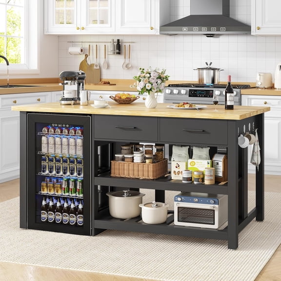 ChicZhiNest Kitchen Island with Storage, 60" Solid Rubberwood Island Table, Coffee Bar Cabinet with Fridge Space & Power Outlets, 6 Hooks, Black