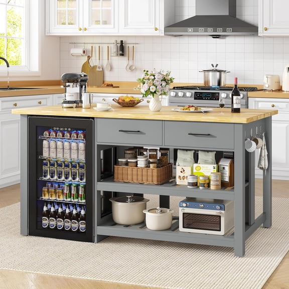 ChicZhiNest Kitchen Island with Storage, 60" Solid Rubberwood Island Table, Coffee Bar Cabinet with Fridge Space & Power Outlets, 6 Hooks, Grey