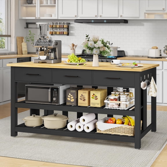 ChicZhiNest Kitchen Island with Storage, 60" Solid Rubberwood Top Kitchen Island with Power Outlet and 6 Hooks, Black