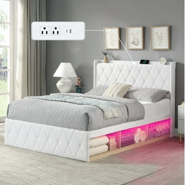 ChicZhiNest Queen Size Bed Frame with LED Lights and 6 Storage Cabinets, Boucle Upholstered Button Tufted Headboard with Charging Station, White