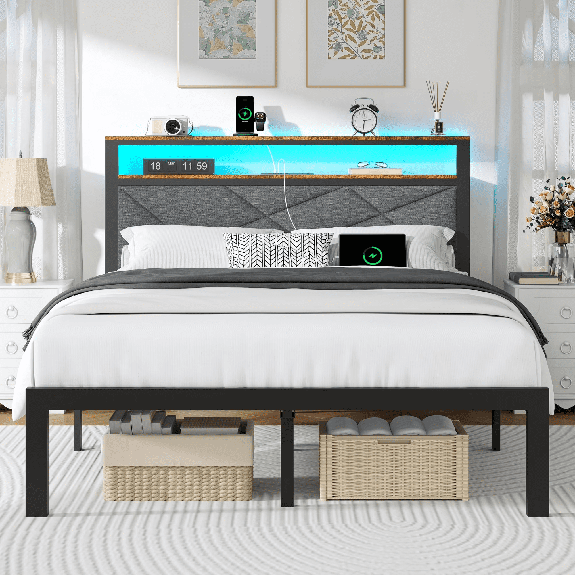 ChicZhiNest Queen Size Bed Frame with Storage Headboard and LED Light, Metal Platform Bed with Charging Station, Dark Gray