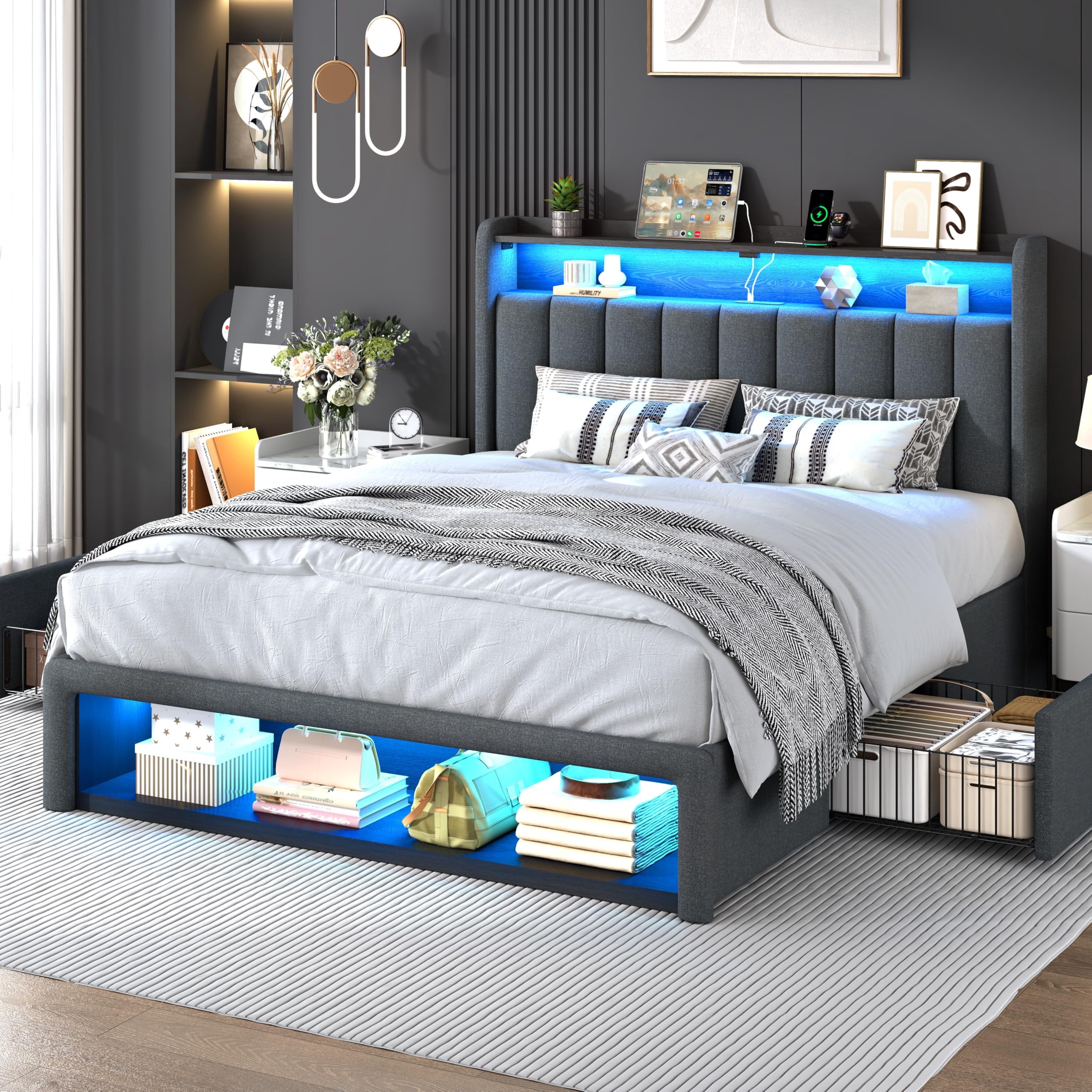 ChicZhiNest Queen Size LED Bed Frame with Fluted Upholstered Headboard, Charging Station, Linen Storage Platform Bed with 2 Drawers and Cabinet, Dark Grey