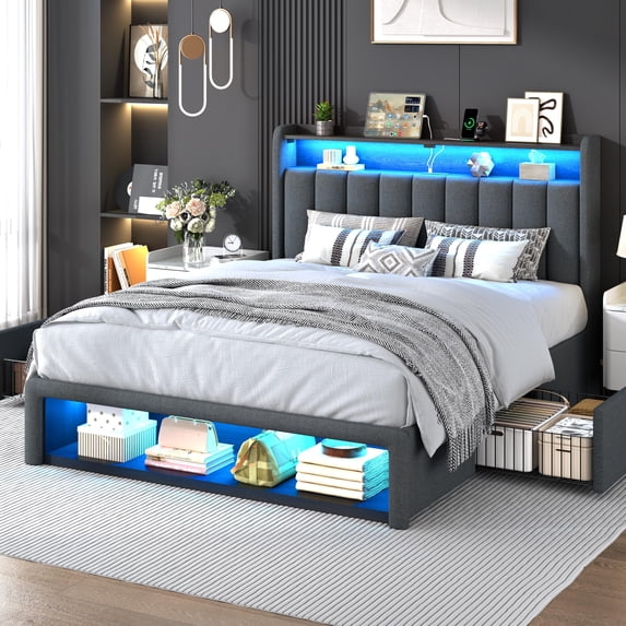 ChicZhiNest Queen Size LED Bed Frame with Fluted Upholstered Headboard, Charging Station, Linen Storage Platform Bed with 2 Drawers and Cabinet, Dark Grey