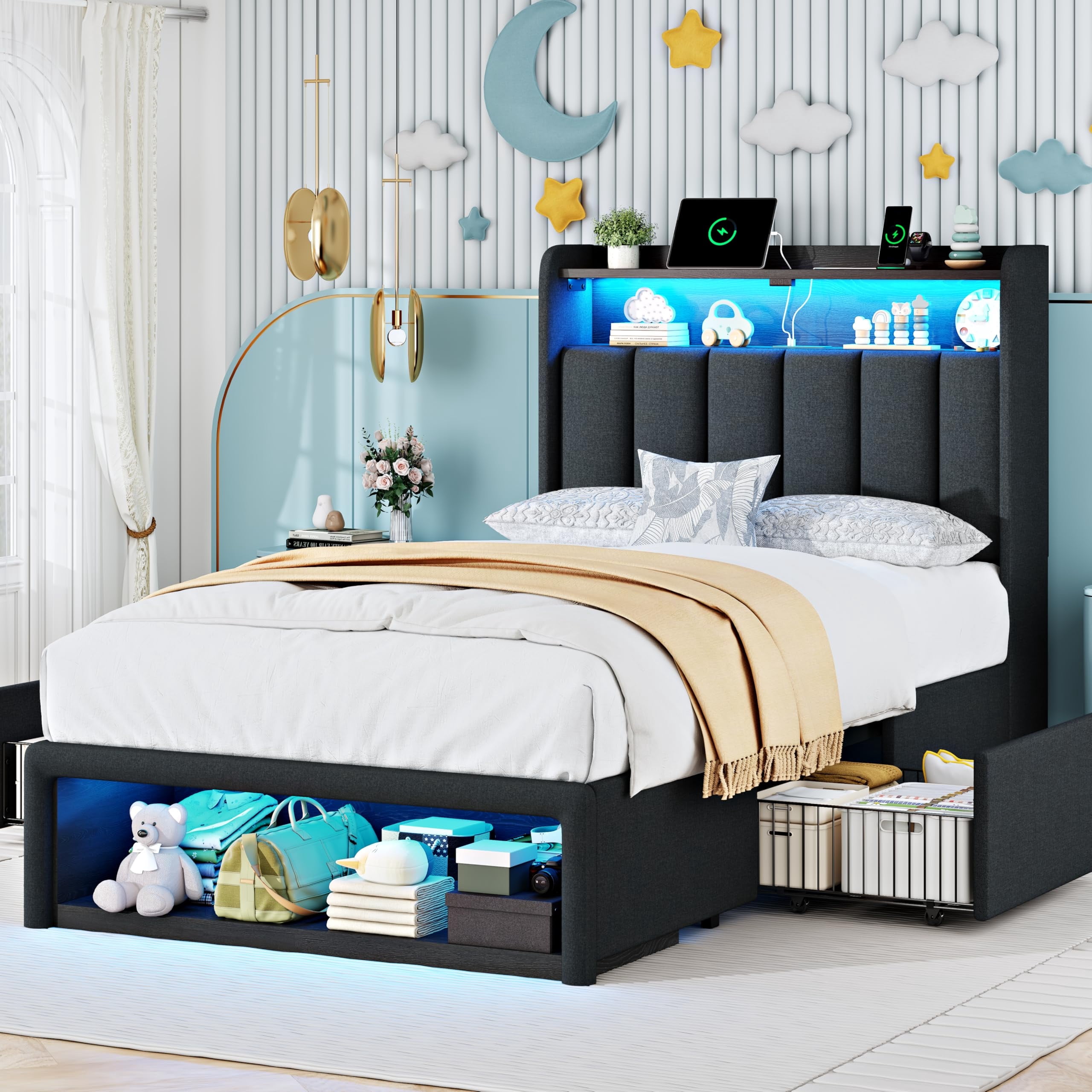 ChicZhiNest Twin Bed Frame with 2 Drawers and Storage Cabinets, Linen Upholstered Headboard LED Platform Bed with Charging Station, Black
