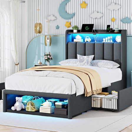 ChicZhiNest Twin Bed Frame with 2 Drawers and Storage Cabinets, Linen Upholstered Headboard LED Platform Bed with Charging Station, Dark Grey