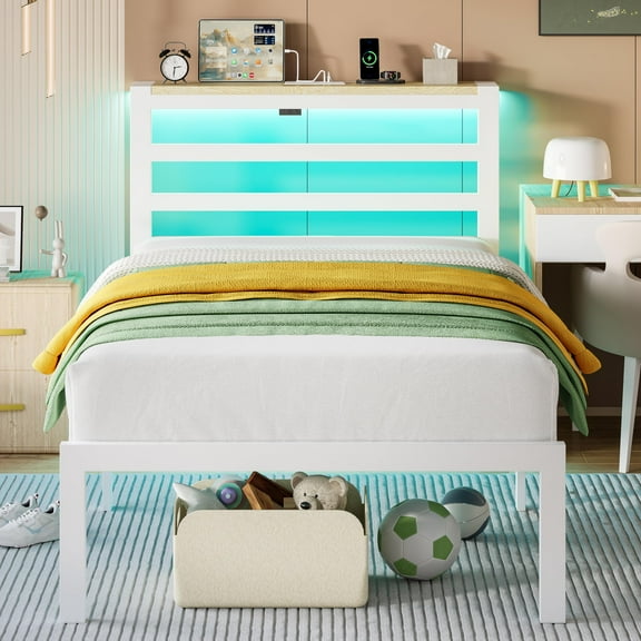 ChicZhiNest Twin Bed Frame with Charging Station and LED Lights, Metal Bed with Storage Headboard, White