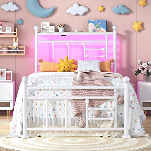 ChicZhiNest Twin Bed Frame with Charging Station and LED Lights, Storage Bed with Victorian Vintage Headboard & Footboard, White