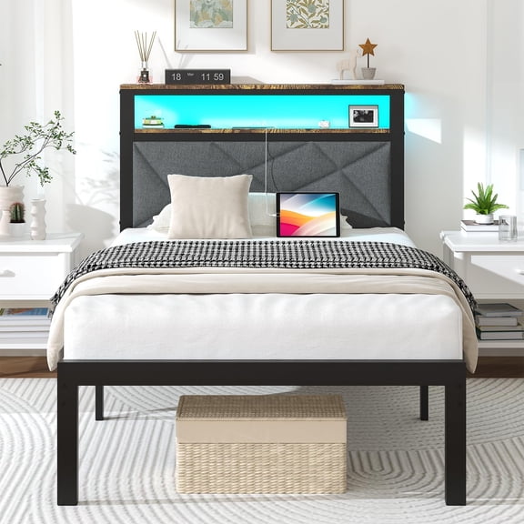ChicZhiNest Twin Size Bed Frame with Storage Headboard and LED Light, Metal Platform Bed with Charging Station, Dark Gray