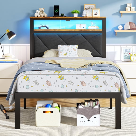 ChicZhiNest Twin Size Bed Frame with Storage Headboard and LED Light, Metal Platform Bed with Charging Station, Dark Gray