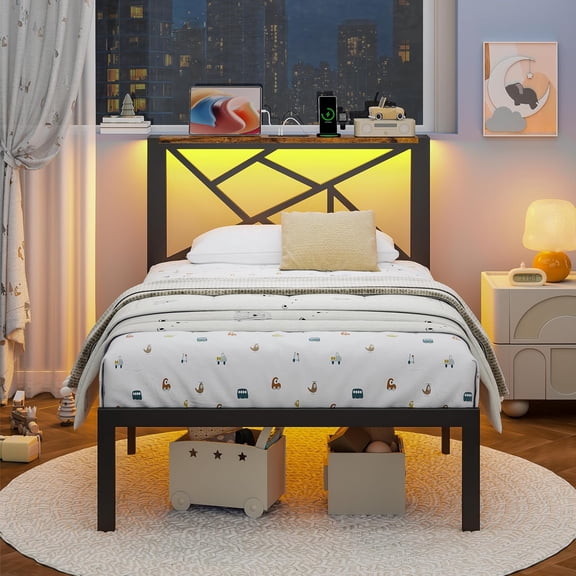 ChicZhiNest Twin Size Bed Frame with Wooden Storage Headboard & LED Lighting, USB Charging Station, Stable Metal Bed Frame, Noise Free Design, Black