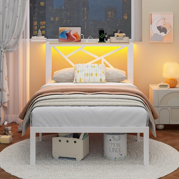 ChicZhiNest Twin Size Bed Frame with Wooden Storage Headboard & LED Lighting, USB Charging Station, Stable Metal Bed Frame, Noise Free Design, White