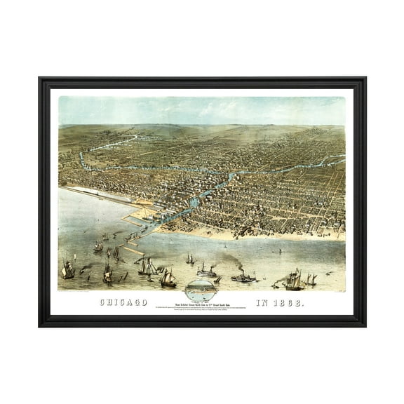 Chicago Art, 1868 Vintage Map of Chicago Illinois, IL History Wall Decor Gift, Old Chicago Map - 24" x 18" Black Framed Print