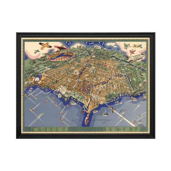 Chicago Art, 1931 Vintage Map of Chicago Illinois, IL History Wall Decor Gift, Old Chicago Map - 24" x 18" Black Framed Print