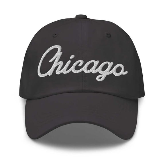 Chicago Baseball Cap Chicago Dad Hat Bold Script Illinois IL Hat Embroidered Souvenir Gift Dark Grey