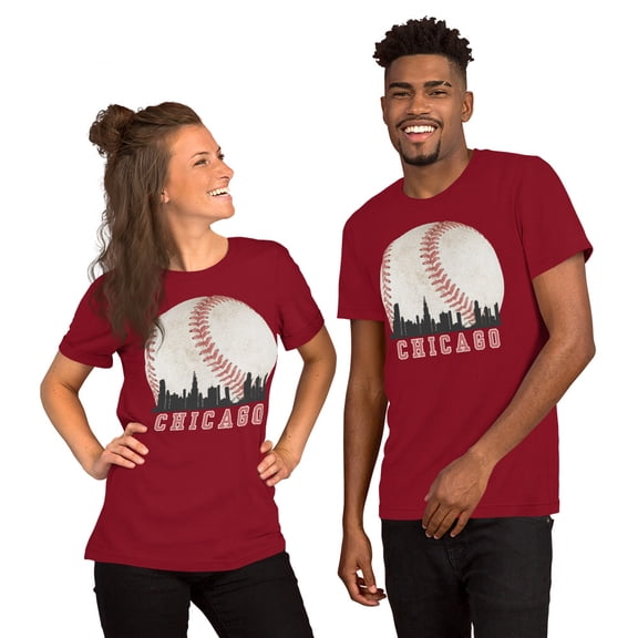 Chicago Baseball Skyline Graphic T-Shirt, Vintage Sports City Design Tee (Cardinal, XL)