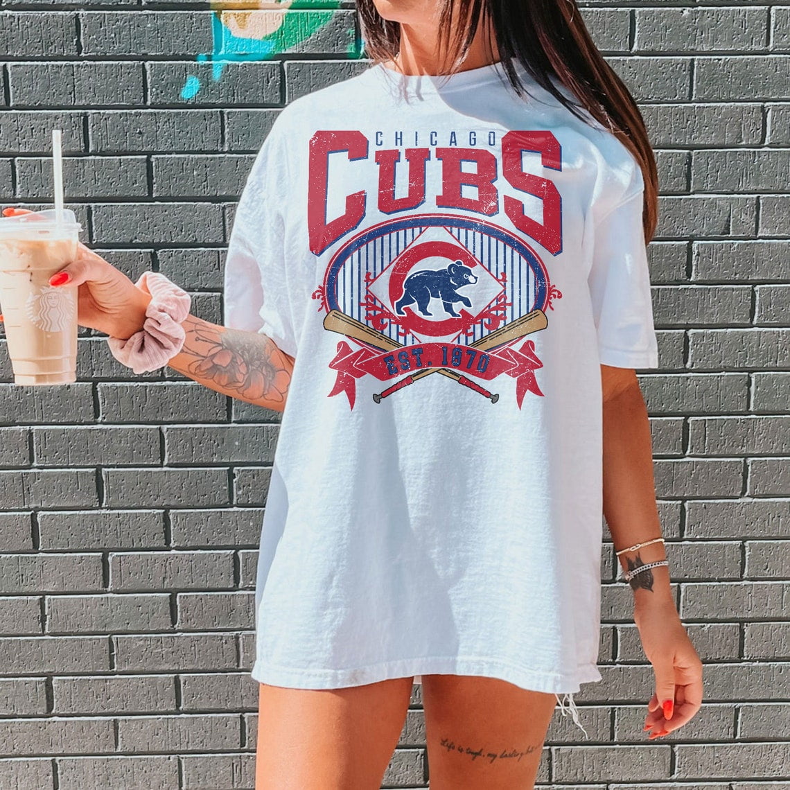Chicago Baseball T shirt Vintage Style Cubs Baseball Crewneck Tshirt Chicago EST 1870 Shirt Game Day White Color Walmart