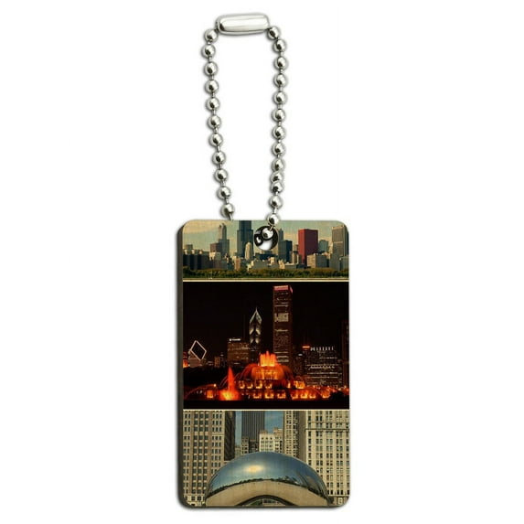 Chicago - Bean Buckingham Fountain City Skyline Wood Rectangle Key Chain