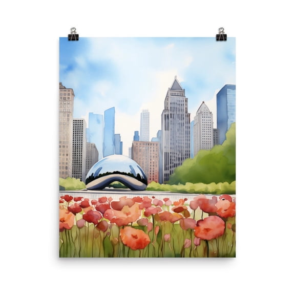 Chicago Bean Print, Skyline Cityscape Wall Art, Illinois Landmark Poster, Windy City Travel Decor, Urban Us City Artwork Home Decor #3572, Unframed Poster Size 8x12