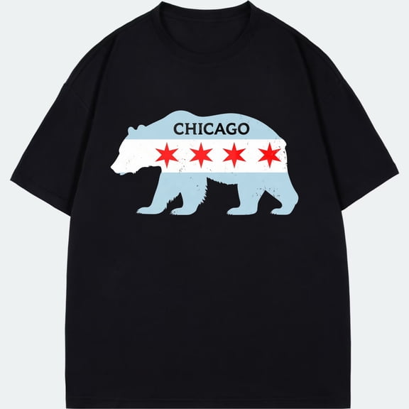 Chicago Bear Flag T Shirt Black Chicago Flag Bear Design Casual Streetwear For Men And Women