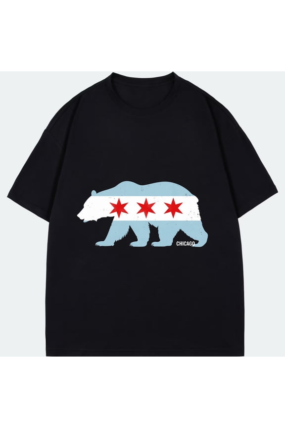 Chicago Bear Flag T Shirt Black Chicago Flag Design With Three Red Stars And Bear Silhouette For Casual Wear And City Pride Display