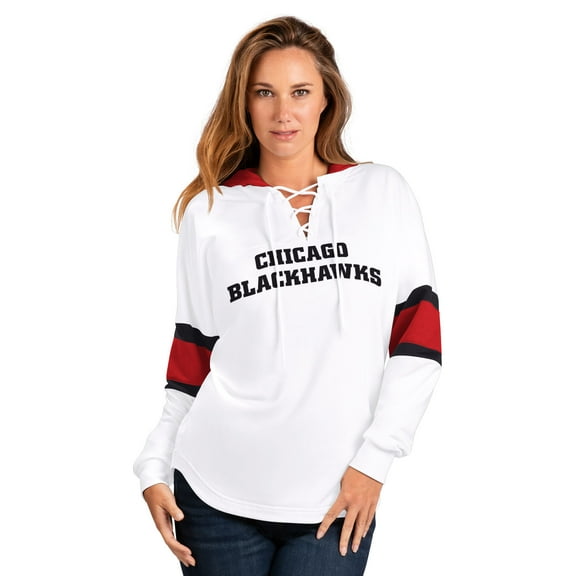 Women's-G-III 4Her by Carl Banks  White Chicago Blackhawks Goal Zone Long Sleeve Lace-Up Hoodie T-Shirt