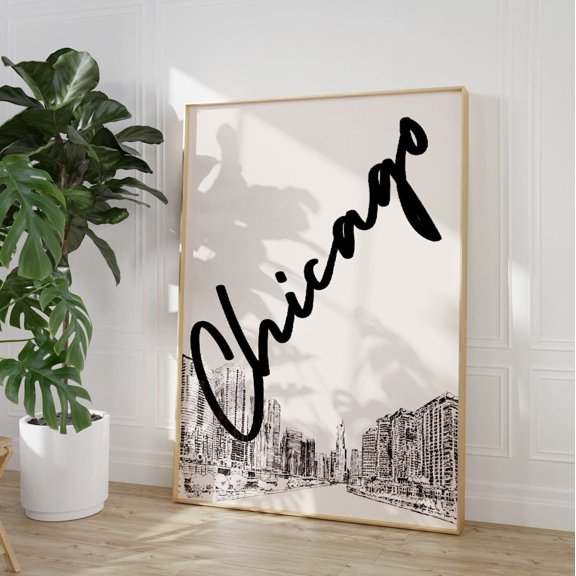 Chicago Blue Black Travel T-Shirt Trendy USA Cityscape Exhibition Tee, Unframed Canvas 12x16in