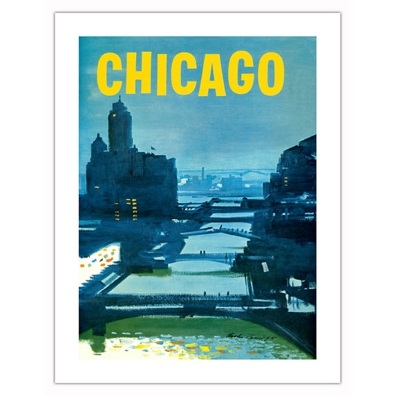 Chicago - Bridges over the Chicago River - Vintage Travel Poster by Austin Briggs c.1960s - Bamboo Fine Art 290gsm Paper (Unframed) 17x22in