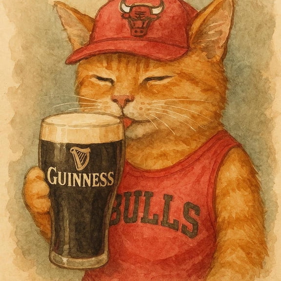 Chicago Bulls Cat Drinking Guinness Poster – Funny Vintage Beer Wall Art 24x36 UNFRAMDE
