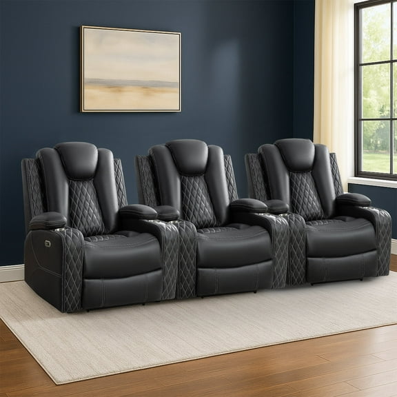 "Set of 3 Power Reclining Home Theater Chairs with Adjustable Headrests, USB Charging Ports, LED Lights, Cup Holders & Hidden Storage, Color:Black