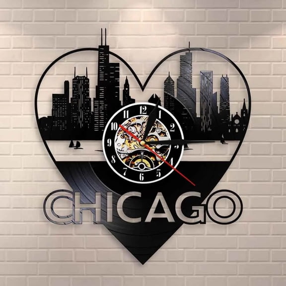 Chicago City Architecture Vinyl Wall Clock,Vinyl Record Clock Wall Art Black Handmade Art Home Unique Gift idea