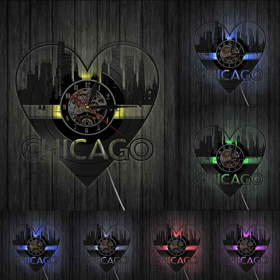 Chicago City Architecture Wall Art Wall Clock Home Decor Chicago Skyline Cityscape Vinyl Record Wall Clock USA Travel Souvenir