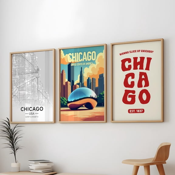 Chicago City Map Skyline Minimalist Urban Home Decor Wall Art, Stretched Canvas