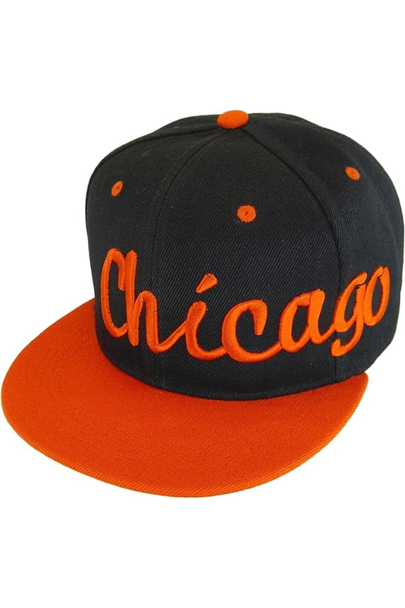 Chicago City Name Offset Script Snapback Baseball Cap (Black/Red)