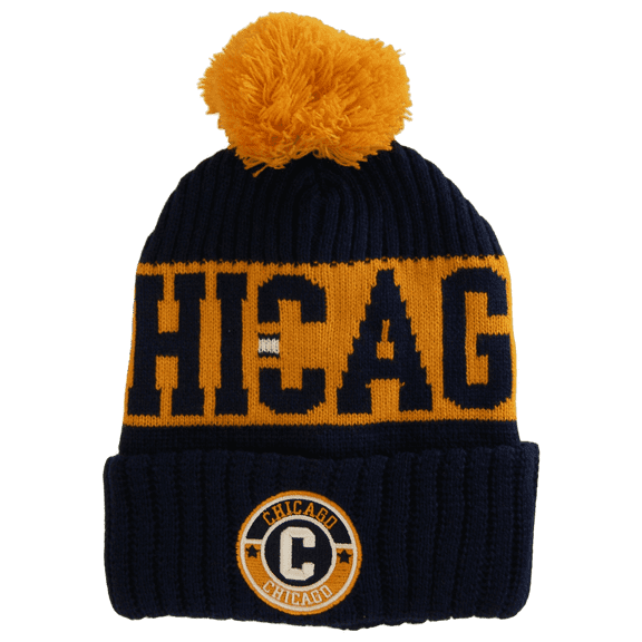 Chicago City Name Three Stripe Circular Patch Pom Beanie Winter Hat (Dark Blue/Orange)