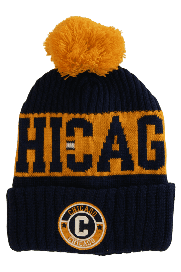 Chicago City Name Three Stripe Circular Patch Pom Beanie Winter Hat (Dark Blue/Orange)