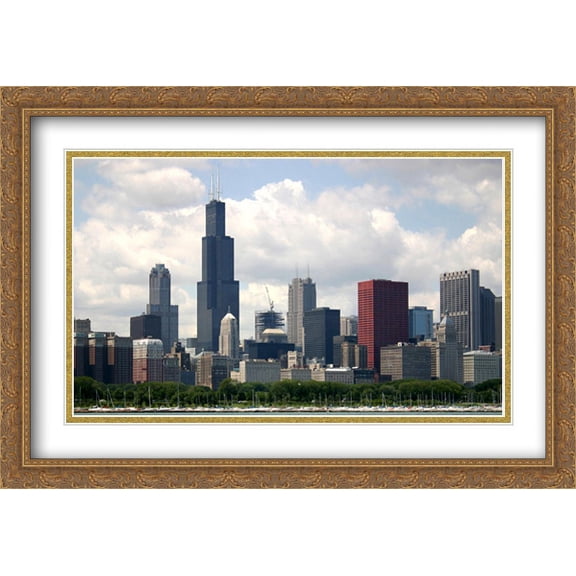 Chicago City Skyline 2x Matted 40x28 Large Gold Ornate Framed Art Print by The Cityscape Art Print Series