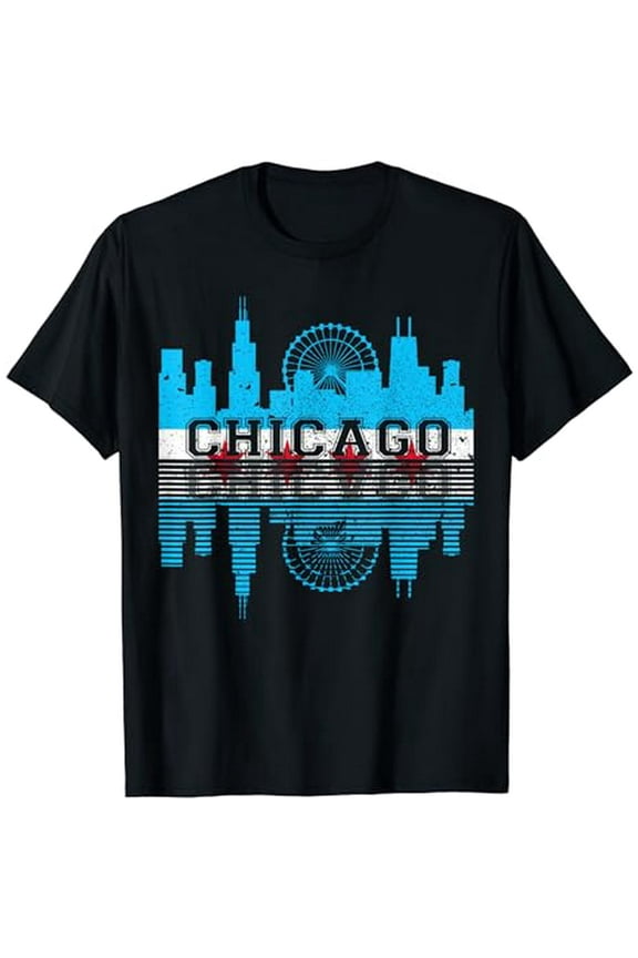 Chicago City Skyline Flag Graphic Unisex Short Sleeve Casual T-Shirt