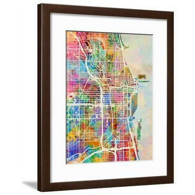 Chicago City Street Map, Framed Art Print Wall Art by Michael Tompsett